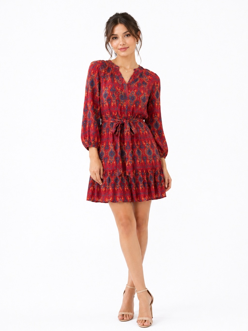 Chic Long Sleeve Red Patterned Dress
